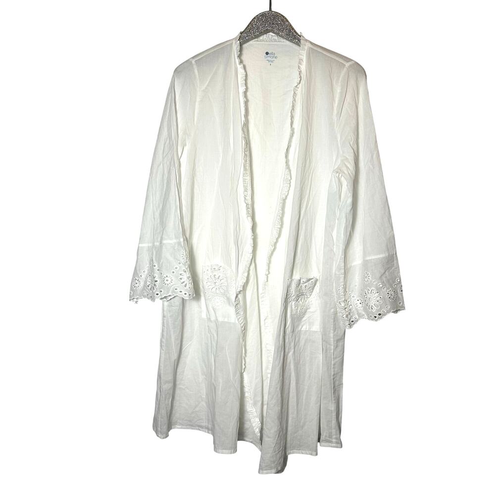 Ella Simone White Lightweight Cotton Ruffle Trim Open Cover Up